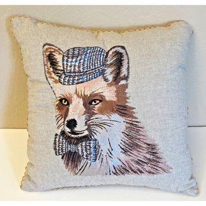 Pier 1 Accent Toss Pillow Embroidered Fox with Hat & Bowtie Neat Retro Art Rare